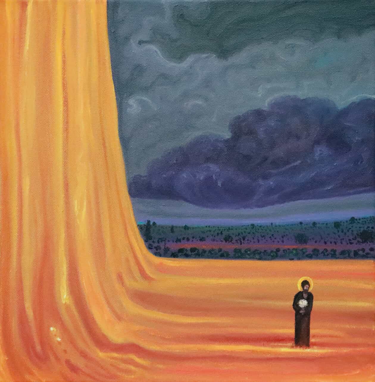 A small robed figure with a halo stands in a vast orange landscape beside a towering golden waterfall under dark storm clouds.