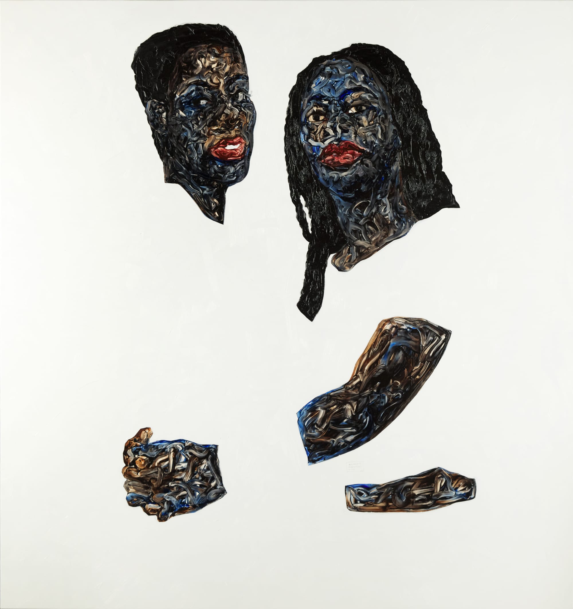 Painting with a white background featuring two stylized Black faces with textured, swirling brushwork and bright red lips, accompanied by separated painted fragments of arms and hands below.