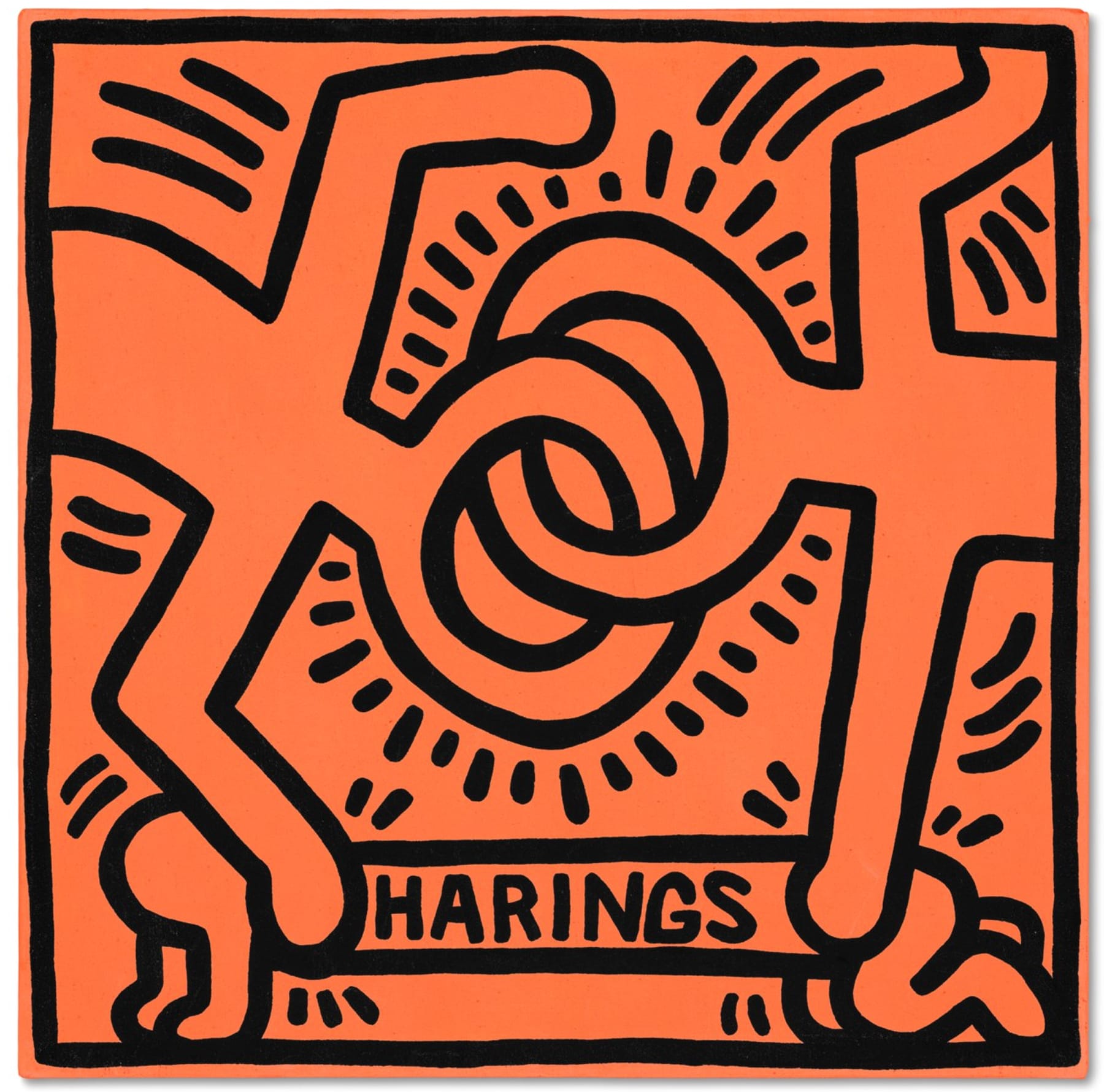Bright orange Keith Haring artwork featuring two outlined human figures linked by interlocking rings, with bold black lines and the word “HARINGS” at the bottom.