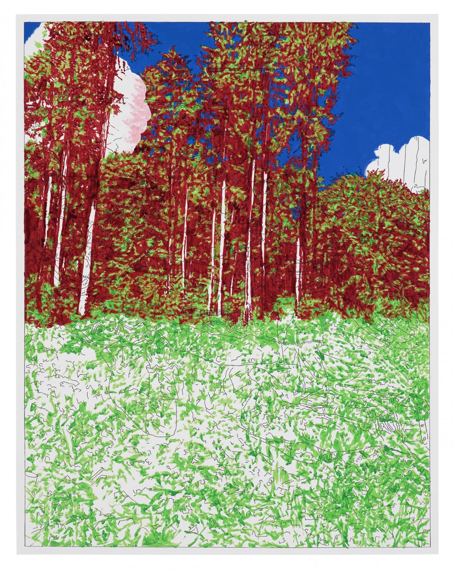 Vivid forest scene with tall red tree trunks, dense green foliage, and a bright blue sky above a textured, grassy foreground.