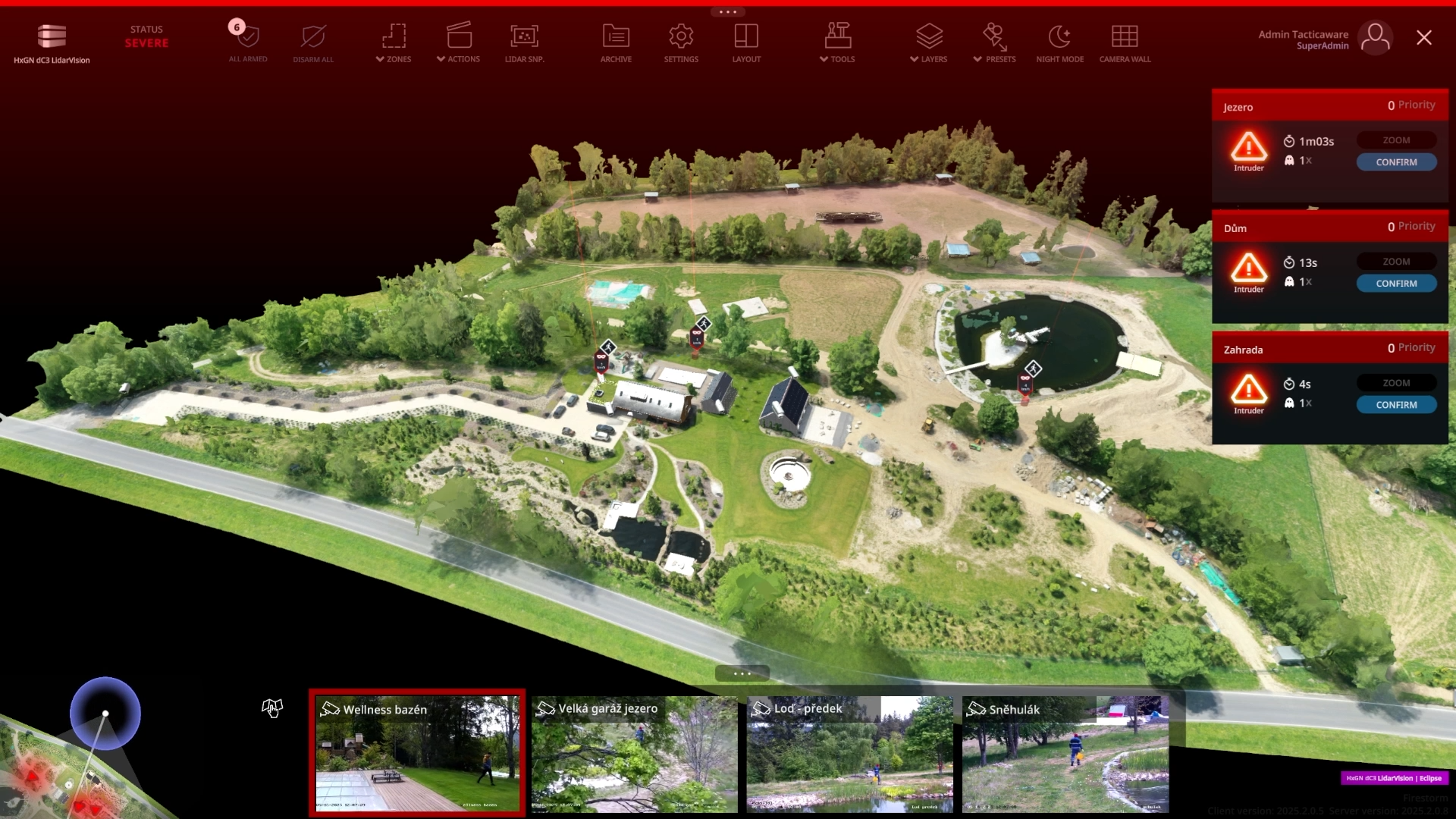 A digital twin created in Octave’s Coda Spatial platform shows a mapped property with lidar sensors and alerts triggered by detected intruders.
