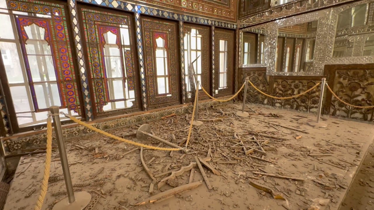 An interior view of Tehran’s Golestan Palace shows damage after airstrikes by the United States and Israel