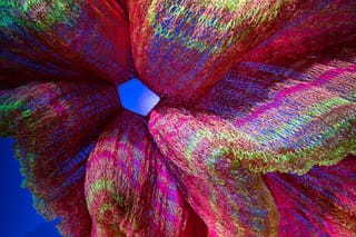  Close-up view of Janet Echelman’s colorful woven net sculpture, showing layered red, pink, green, and blue fibers forming an open, flower-like shape against the sky.
