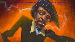 A stylized painting of a pianist with elongated arms and fingers playing a keyboard, smoke curling from a cigarette as warm orange light glows behind him.