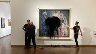 Authorities are seen detaining a protester who threw black paint onto a Gustav Klimt painting while the hand of another is pictured glued to the glass protecting it