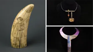 Left: Scrimshaw engraving of a person. Top right: Necklace with large circular gemstone and smaller orange bead on a black cord. Bottom right: metallic necklace
