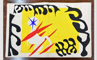 Colorful abstract print by Henri Matisse featuring a stylized white figure on a yellow background, surrounded by bold black shapes and red slashes.