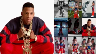 Side-by-side image of Timothy White’s portrait of Jay-Z in red-and-navy stripes and gold chains and AM:PM Gallery’s “Jaybois” figurines allegedly based on the photo,