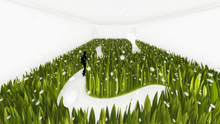 Rendering of Marina Abramović’s installation, showing a winding white path through shoulder-high green inflatable grass inside a white room.