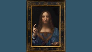 Leonardo da Vinci’s Salvator Mundi, a portrait of Christ holding a crystal orb, is pictured against a blue background