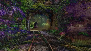An AI generated image of train tracks running through a natural environment