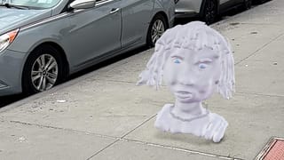 A digital sculpture of a woman's face with glowing blue eyes and transparent jewelry created using the Apple Vision Pro