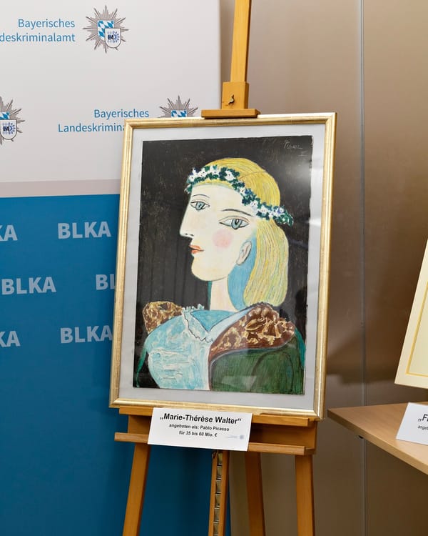Framed artwork resembling Pablo Picasso’s portrait “Marie-Thérèse Walter,” displayed on an easel with a label indicating it was offered for sale at €35–60 million