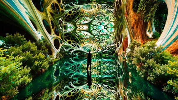 A person stands in a mirrored room as swirling scenes of nature intersect in lattice-like shapes