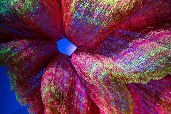  Close-up view of Janet Echelman’s colorful woven net sculpture, showing layered red, pink, green, and blue fibers forming an open, flower-like shape against the sky.