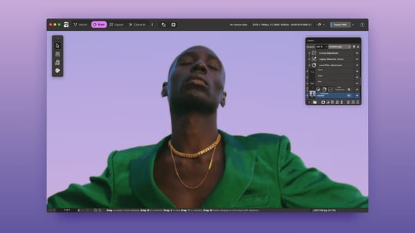  person wearing a green blazer and gold necklaces poses with eyes closed against a purple gradient background, shown within a digital photo editing interface.