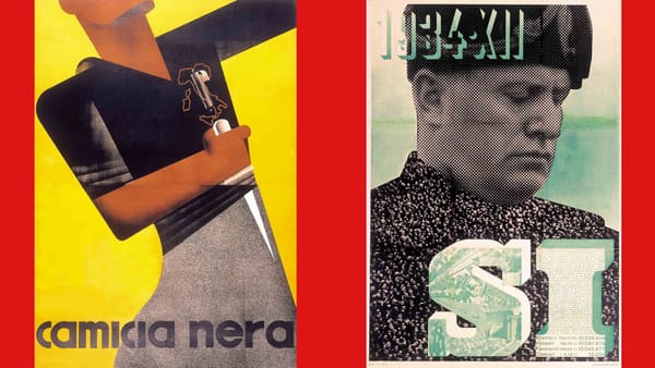 Two fascist Italy posters are seen against a red background