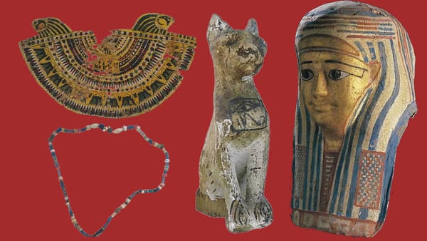 A composite photograph of an Egyptian cartonnage funerary mask, a painted figure of a cat, a mummy collar and a beaded necklace.
