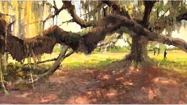 A realistic oil painting of a large oak tree