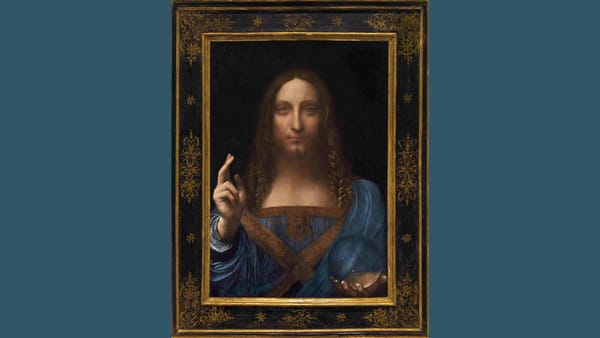 Leonardo da Vinci’s Salvator Mundi, a portrait of Christ holding a crystal orb, is pictured against a blue background